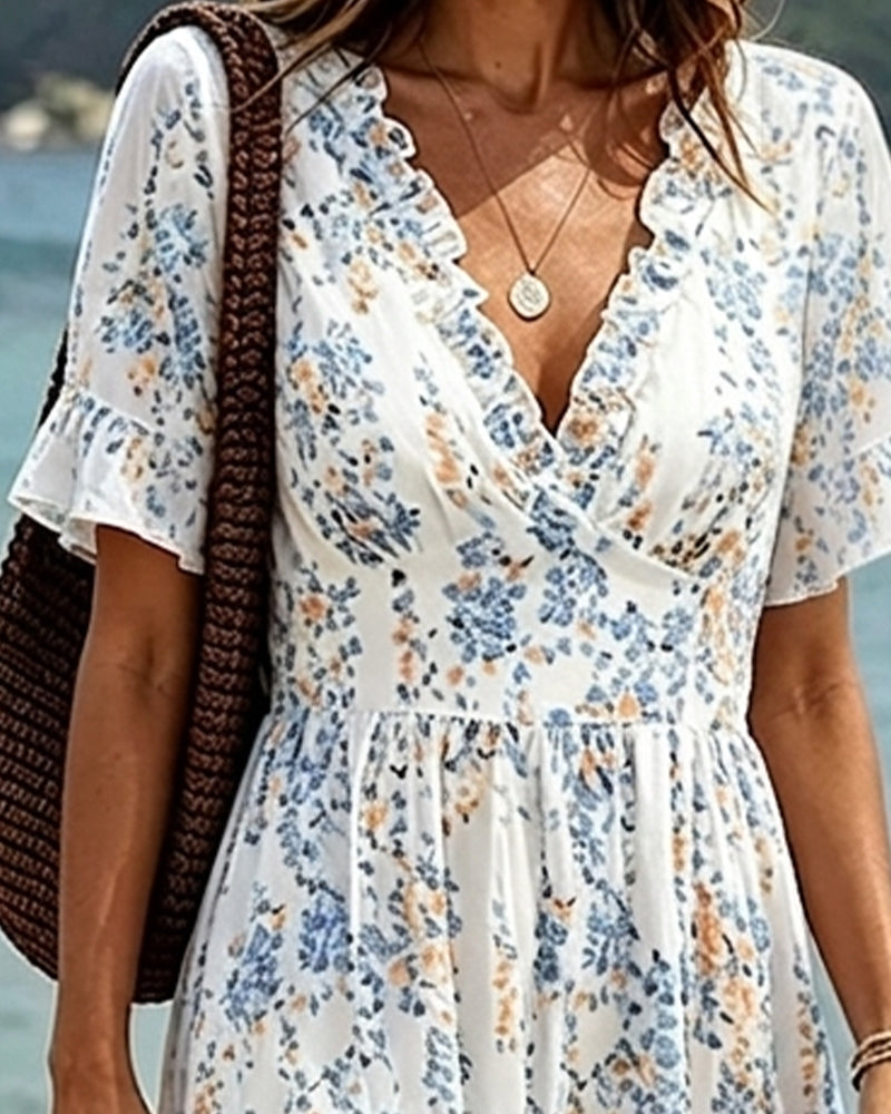 Sukienka Kwiatowy Ruffle V-Szyja Patchwork
