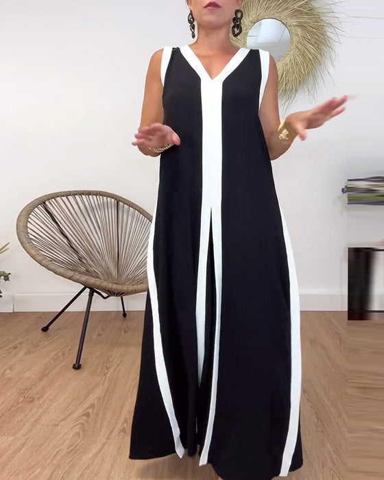 Modna sukienka bez rękawów z kontrastowym nadrukiem i dekoltem w kształcie litery V