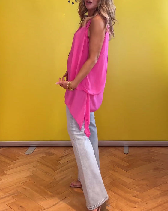 Dwuwarstwowa bluzka bez rękawów w jednolitym kolorze