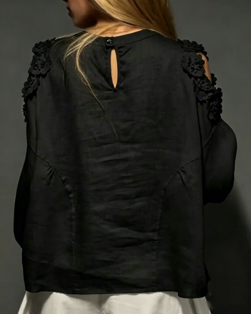 Bluzy Okrągły Dekolt Wycięcie Off-Shoulder 3D Kwiatowy
