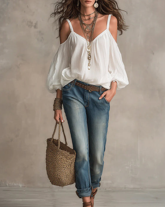 Bluzka Off-Shoulder Puff Pasek