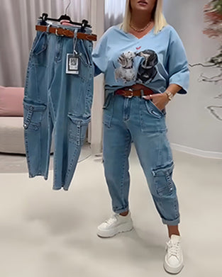 Jeans Wysoki Stan Styl Cargo