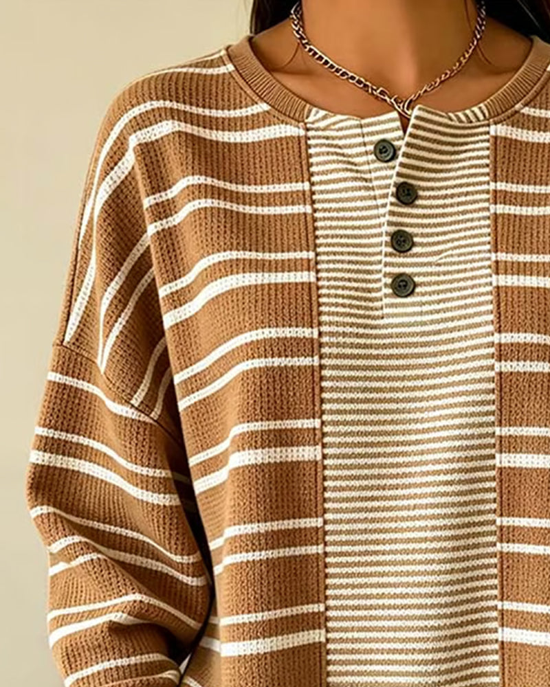 Sweatshirt W Paski Patchwork Długi Rękaw Henley