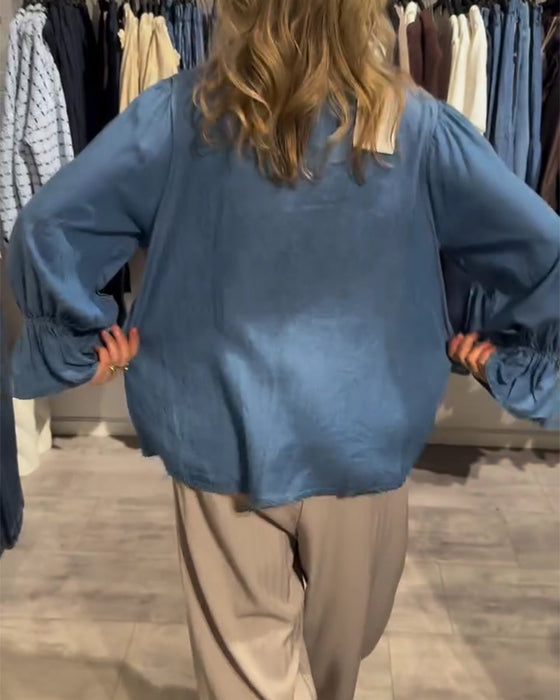 Bluza Falbanka Brzeg Wiązać Denim