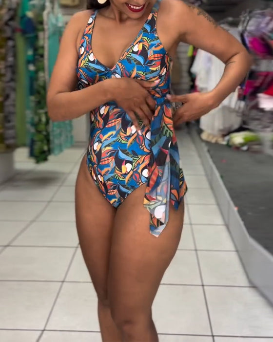 Strój Kąpielowy Jednoczęściowy Kolorowy Drukowany Z Rozcięciem Na Ramiączkach