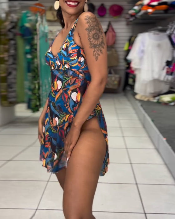 Strój Kąpielowy Jednoczęściowy Kolorowy Drukowany Z Rozcięciem Na Ramiączkach