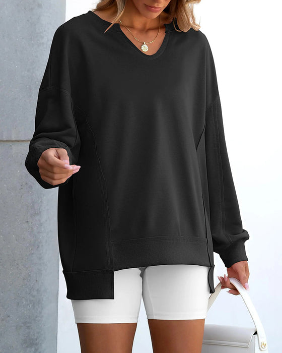 Bluza Mały Dekolt V Luźna Stylizacja Długie Rękawy