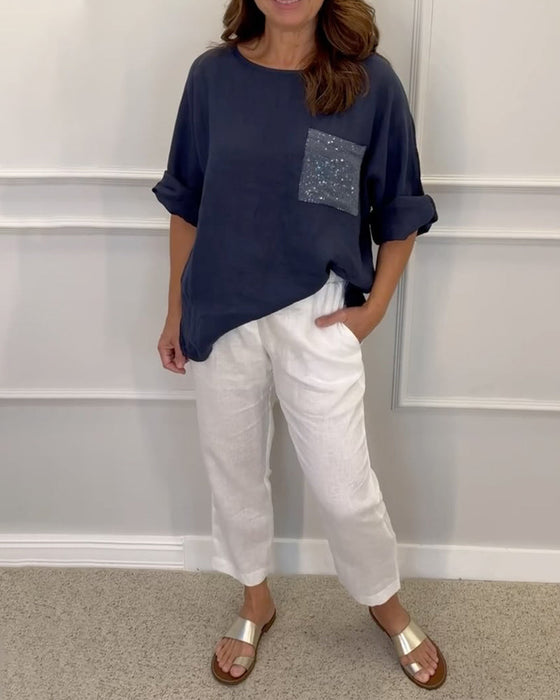 Bluzka z okrągłym dekoltem i kieszeniami z cekinami