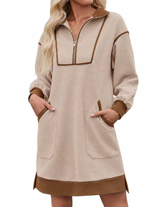 Sukienka Half Zip Długi Rękaw Kolorowe Bloki Krótka