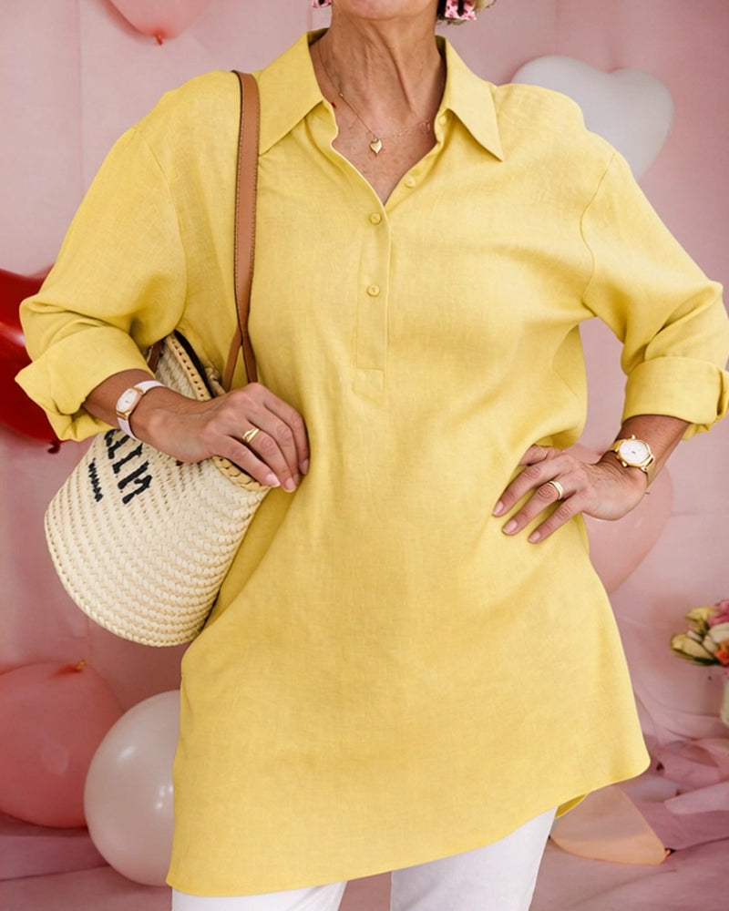 Koszula Jednokolorowa Midi Długość Bawełna-Len