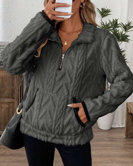 Bluza Z Klapami Zipper Przód Welurowy