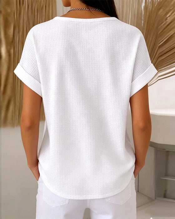 T-Shirt Okrągły Dekolt Guzik Wafel