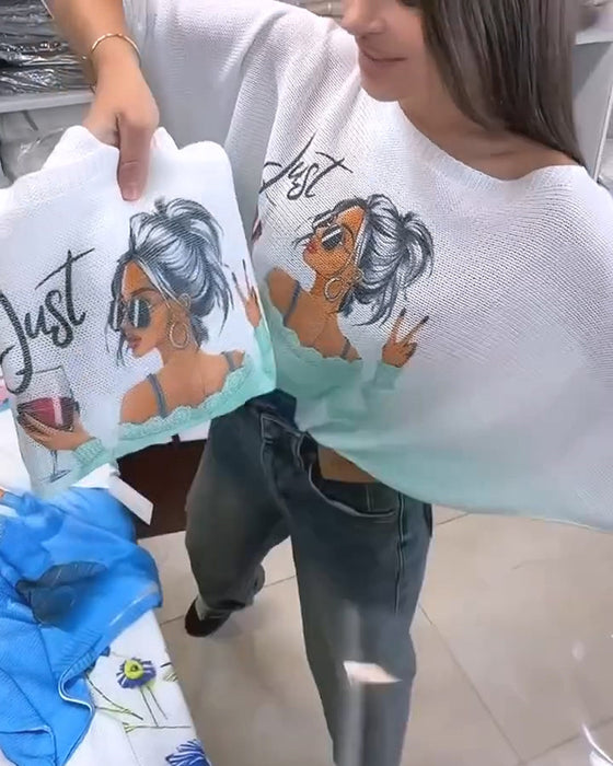 Sweter Gradientowy Nadruk Rękaw Nietoperzowy