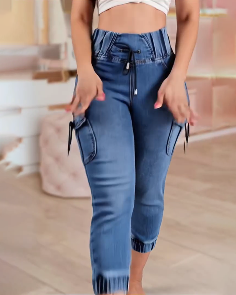 Jeans Sznurek Kieszeń Capri