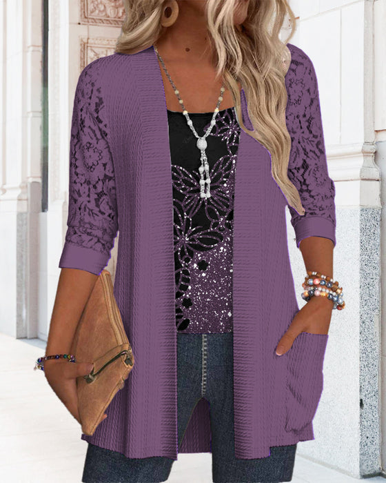 Casualowy top z motylkowym, koronkowym patchworkiem i kieszeniami