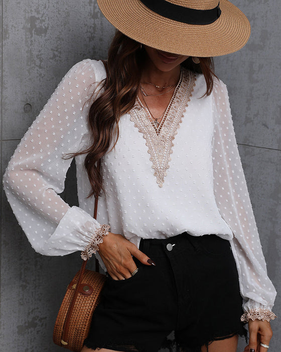 Koronkowa koszula z długim rękawem w jednolitym kolorze