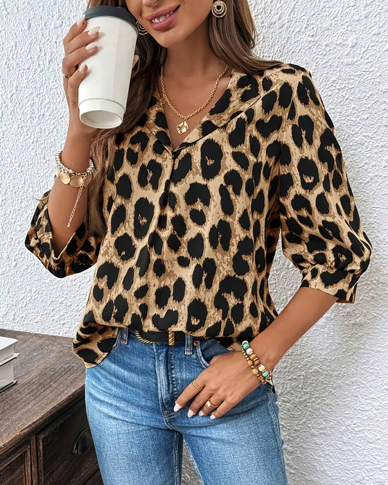 Bluzka 3/4 Rękaw Leopardzi Nadruk Luźna