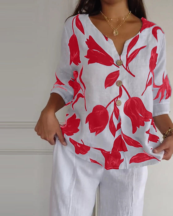 Bluza zapinana na guziki z bawełny i lnu w kwiatowy wzór