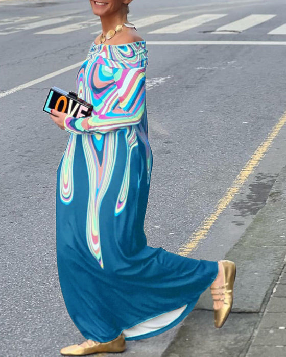 Elegancka sukienka maxi z długim rękawem i odkrytymi ramionami