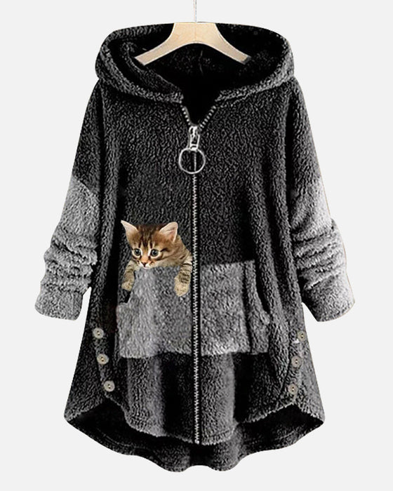 Płaszcz z kapturem i uroczym nadrukiem kota