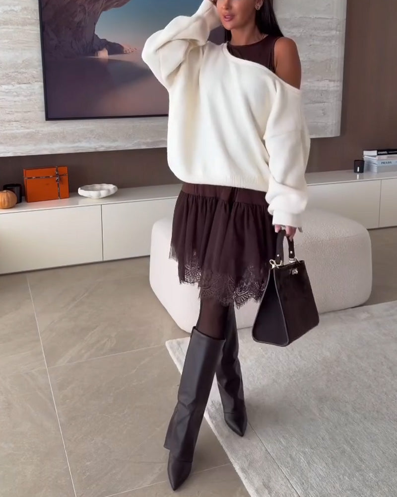 Off-Shoulder Luźny Sweter & Koronka Brzeg Sukienka