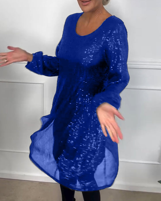 Sukienka elegancka z rękawami typu lampion i cekinami w kształcie litery A