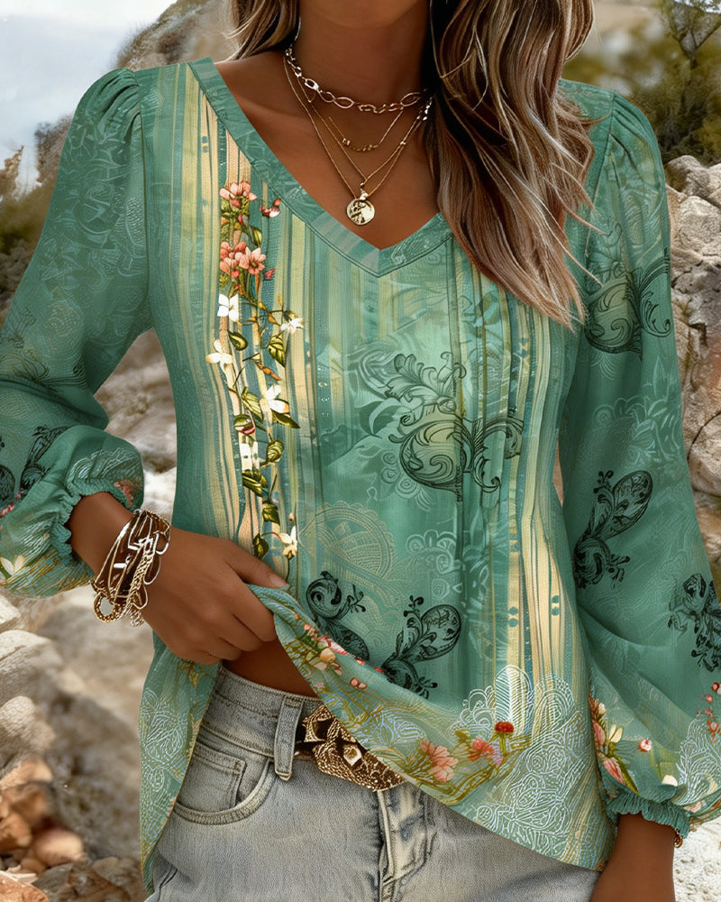 Bluzka Kwiatowa Dekolt W Serek Rękaw Bufka