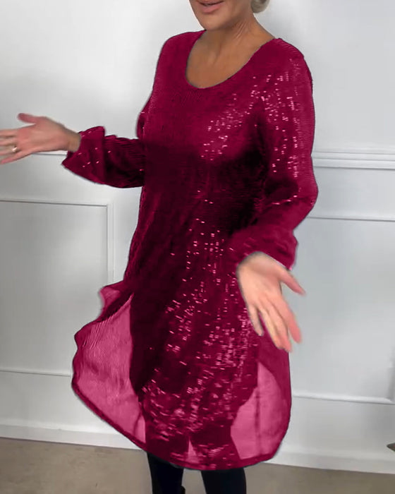 Sukienka elegancka z rękawami typu lampion i cekinami w kształcie litery A