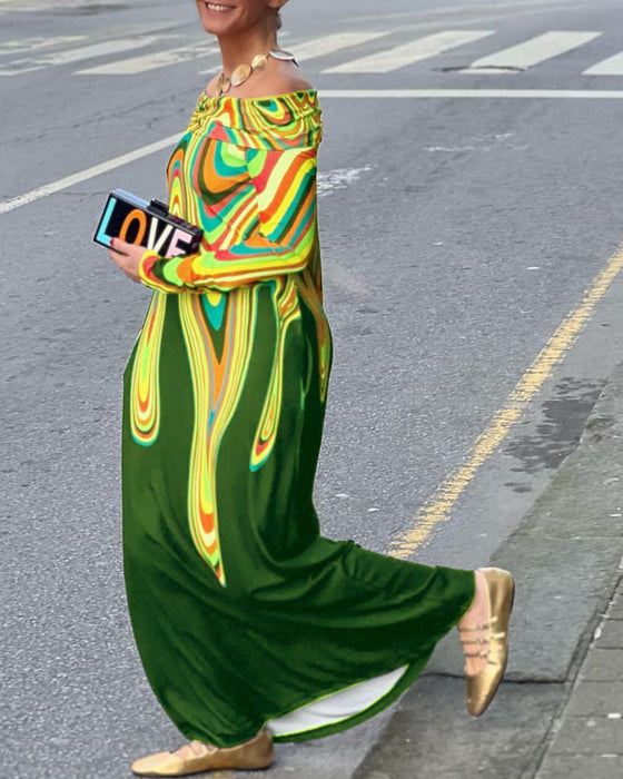 Elegancka sukienka maxi z długim rękawem i odkrytymi ramionami