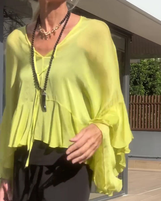 Bluzka Ruffle Trzepot Rękaw Nietoperz Rękaw