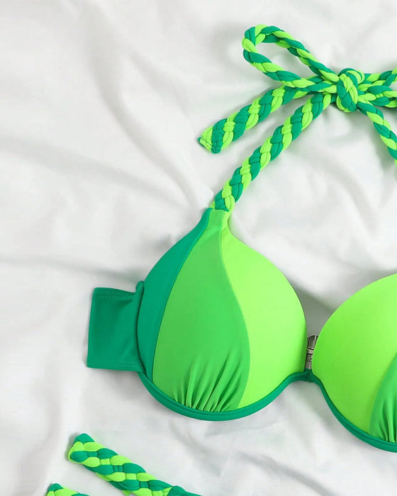 Zestaw strój kąpielowy z blokami kolorów wiązany na szyi