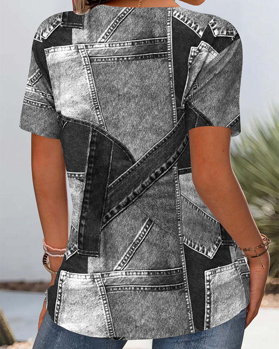 Bluzka Vintage Denim Kontrastowa Wycięcie