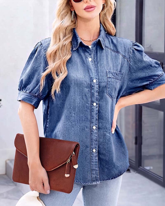 Koszula Zatrzask Denim Rękaw Latarnia Luźna