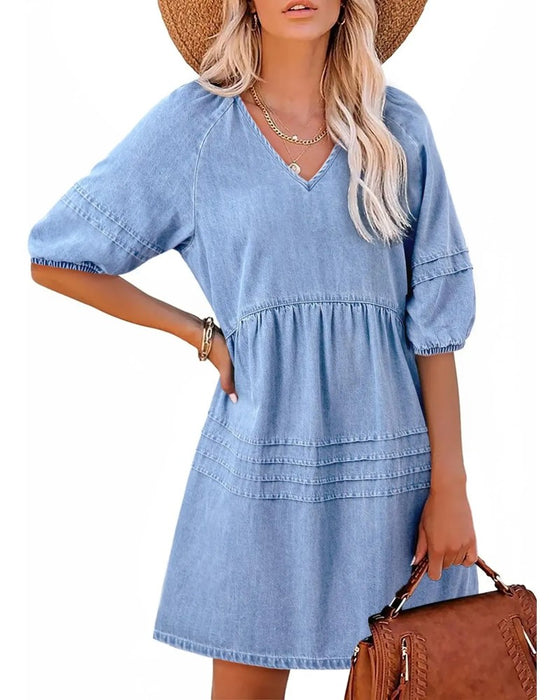 Sukienki Denim V-Szyja Puff Rękaw