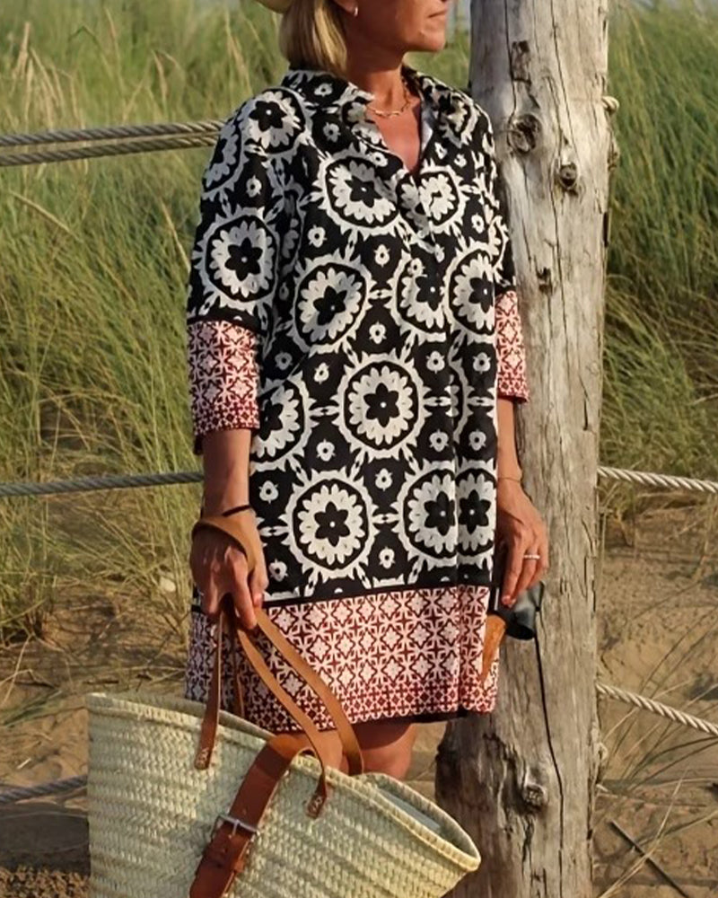 Sukienka Etniczny Styl Rękaw Trzy Czwarte