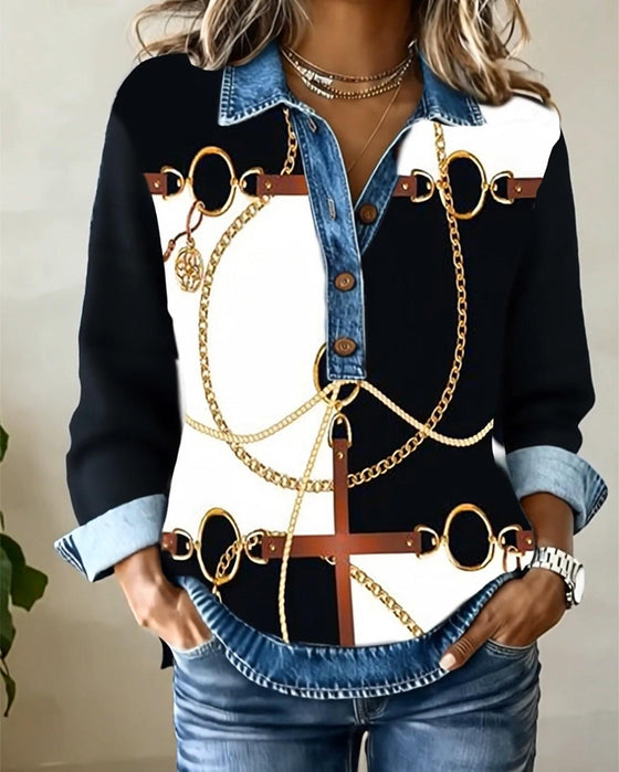 Bluza Dżins Patchwork Wydruk Łańcucha