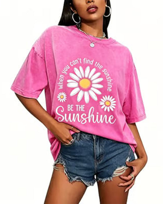 Casual T-Shirt Druk Stokrotka Okrągły Dekolt