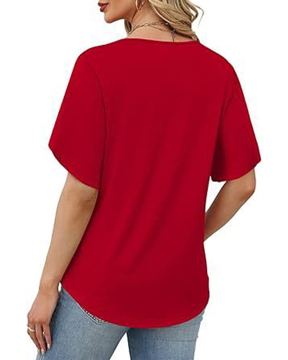 T-Shirt Dekolt W Kształcie Litery V Małe Rozcięcie Krótki Rękaw Jednokolorowy