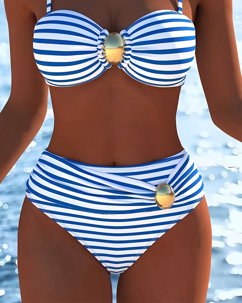 Bikini Ramiączka Spaghetti W Paski Plastikowy Guzik