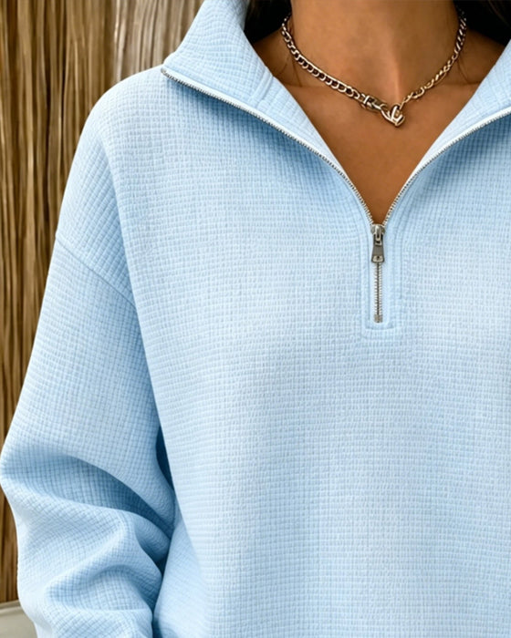 Sweatshirt Pół Zamek Błyskawiczny Wafel Długi Rękaw