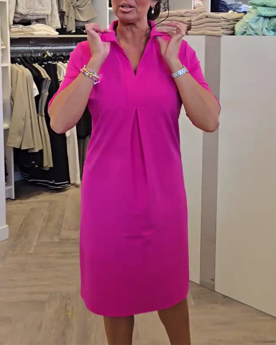 Sukienka z Kołnierzykiem Codzienna w Jednolitym Kolorze