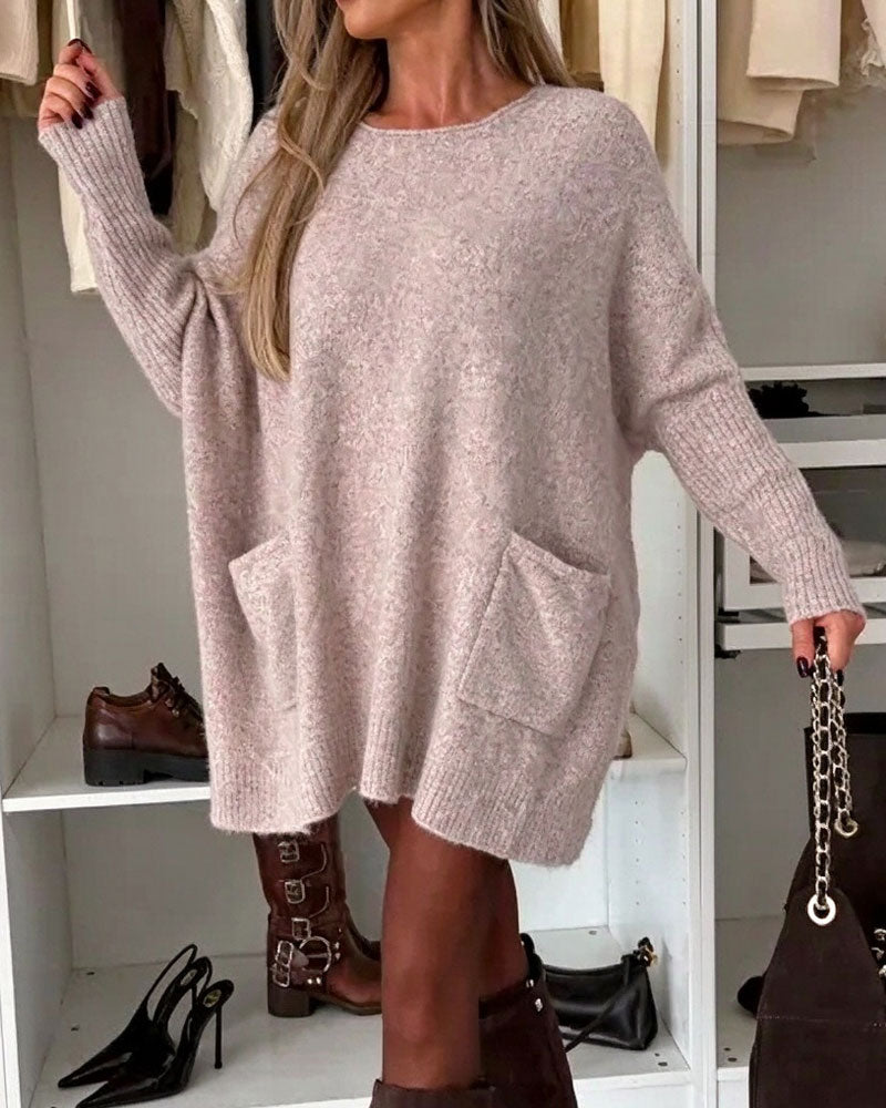 Sweter Okrągły Dekolt Sweter Kieszeń Luźny