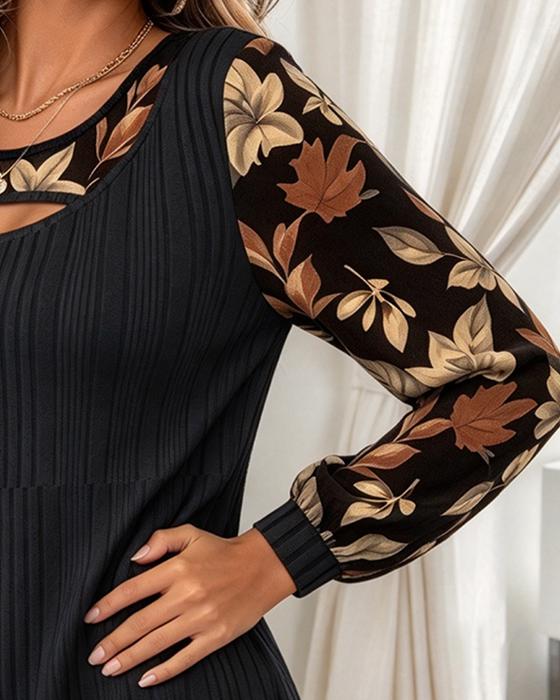 Top Okrągły Dekolt Wycięcie Moda Liść Druk