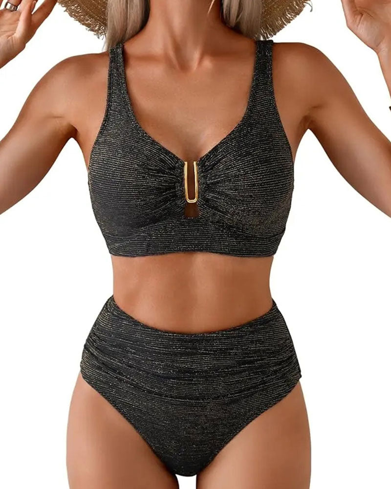 Bikini Wysoki Stan W Paski Guzik