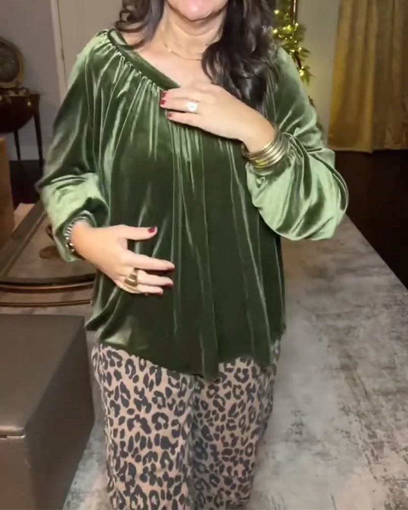 Top casualowy z dekoltem w serek, luźny, z długim rękawem