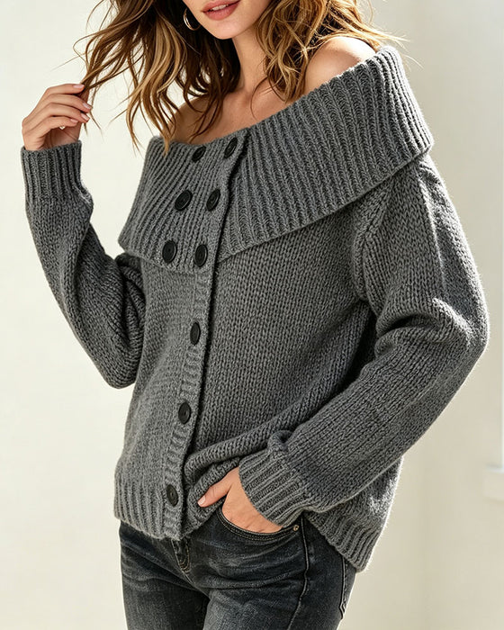 Pullover Klapa Odkryte Ramiona Guzik Odkryte Ramiona