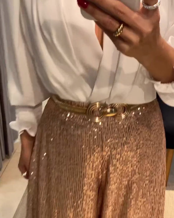 Elegancka bluzka w jednolitym kolorze z dekoltem w serek i rękawami