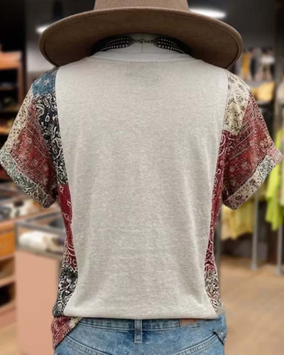 T-Shirt Dekolt W Serek Krótki Rękaw Patchwork