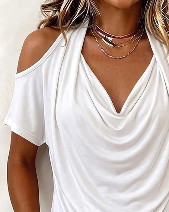 T-Shirt Halter Off-Shoulder Drapowany Krótki Rękaw