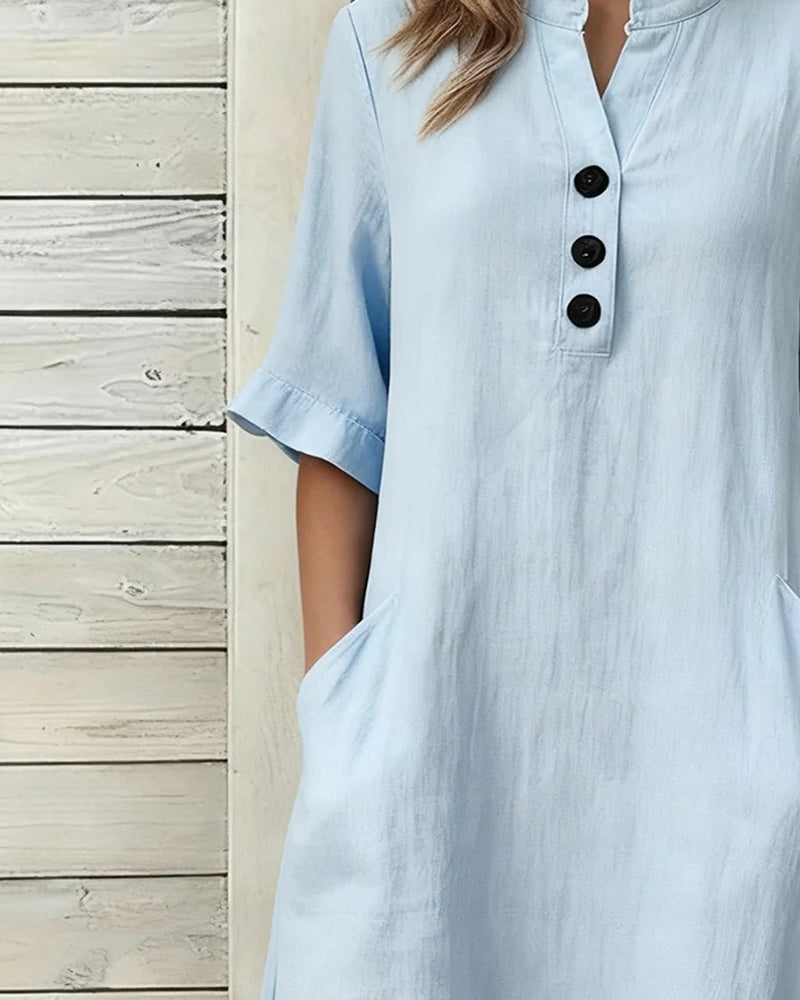 Sukienka Len Stójka Rękaw Średni